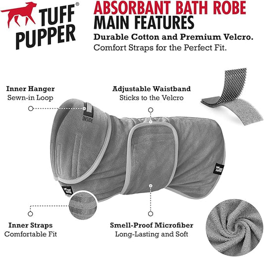 Tuff Pupper Fast Drying Dog Bath Robe | 800 GSM Plush Dog Towel Bathrobe/Dressing Gown | Super Absorbent Pet/Puppy Bathrobe | Adjustable Hood & Belly Strap | Super Soft | Fast Drying (M, Gray)