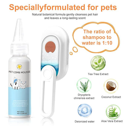 Steam Brush for Cat & Dog – 3-in-1 Spritz Pet Spray Hair Removal Comb for Grooming & Shedding Steam – Water Brush for Long & Short Haired Pets– Includes Two Bottles Waterless 2*Shampoo