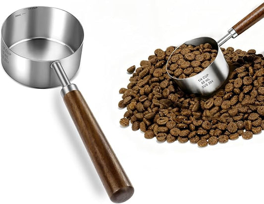 Stainless Steel Dog Food Scoop, Dog Food Measuring Cup With Measuring Lines (Cup/ML) & Long Wooden Handle, Metal Pet Food Scoop For Dogs, Cats and Kitchen Use, Dishwasher Safe (1/4 CUP)