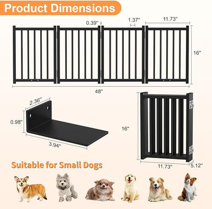 Snughome Short Dog Gate Indoor, 16" High Freestanding Small Dog Door Gates with Support Feet, Expands Up to 48’’ Wide Foldable Pet Gate for Doorway, 4 Panel Folding Pet Door Pet Fence for Puppy, Black