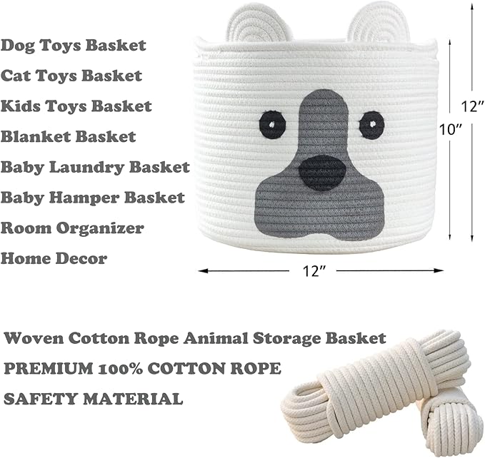 Medium Dog Woven Baskets with Handle, Dog Toy Hamper, Cotton Rope Dog Toy Storage Baskets for Pet, Animal Basket for Kids, Baby Gift Baskets for Dog Lovers, White