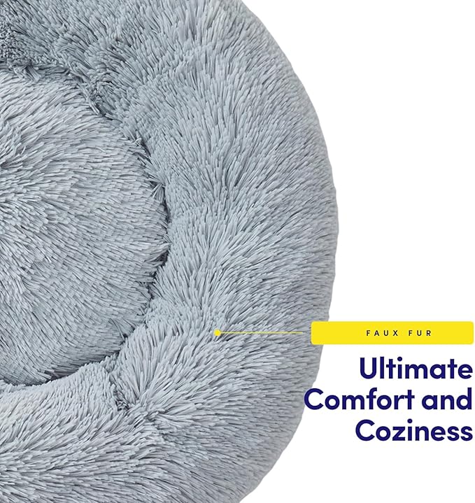 Dog & Cat Bed: Round Faux Fur Pet Bed - Plush, Cozy, & Calming Donut Bed for Small Pets - Soft & Comfortable Sleeping Cushion for Napping & Lounging, 20" Round, Silver