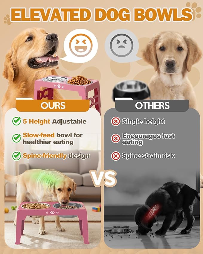 Elevated Dog Bowls with Mat, Non-Slip Dog Feeder with 1*Stainless Steel Dishes & 1*Slow Feeder Bowl, 5 Heights Adjustable Raised Bowls for 3.15″-8.66″-9.84″-11.02″-12.2″