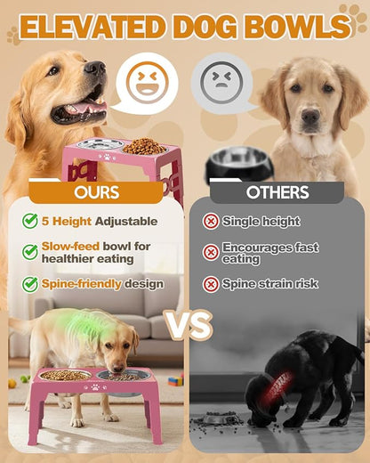 Elevated Dog Bowls, Non-Slip Dog Feeder with 1*Stainless Steel Dishes & 1*Slow Feeder Bowl, 5 Heights Adjustable Raised Bowls for 3.15″-8.66″-9.84″-11.02″-12.2″