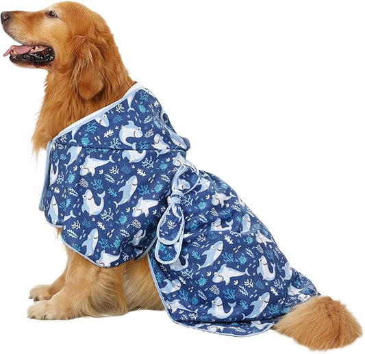 HDE Dog Bathrobe Super Absorbent Quick Drying Puppy Towel Wrap Coat Adjustable After Bath Robes with Hood for Dog Sizes S-XXL Sharks L