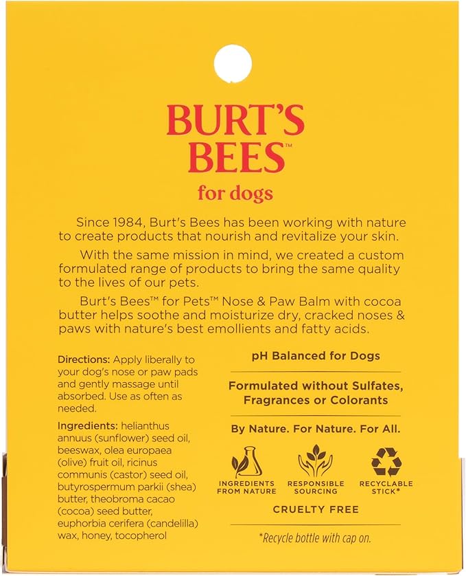 Burt's Bees for Pets Nose and Paw Balm with Beeswax & Cocoa Butter, 100% Natural Origin Dog Paw Pad Balm for Dry Cracked Paws & Noses, pH Balanced, Paraben & Sulfate Free, Made in the USA, 0.45 Oz