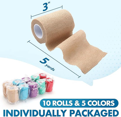 LotFancy 10 Rolls Self Adhesive Vet Wrap, 3 Inch Cohesive Bandage Wrap for Horses, Dogs, Cats, Pet, Animal, Non-Woven Medical First Aid Tape for Wounds, Paw, Leg, Foot, Ankle Sprains & Swelling