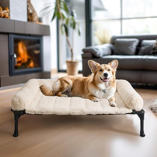 Veehoo Orthopedic Elevated Dog Bed with Fluffy Plush Bolster Cushion, Indoor Raised Dog Beds for Large Dogs, Soft Pet Sofa Cot with Removable Washable Mat, No-Slip Feet, 32 x 25 inches, Cream White
