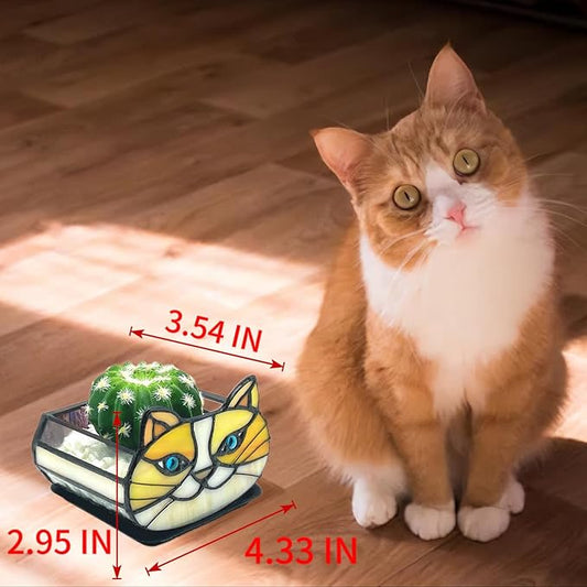 Stained Glass Yellow Cat Flower Pot,Small Succulent Planter for Indoor Plants,Cat Plant Decoration for Windowsill 4.33x3.54x2.95 in（Excluding Plants）