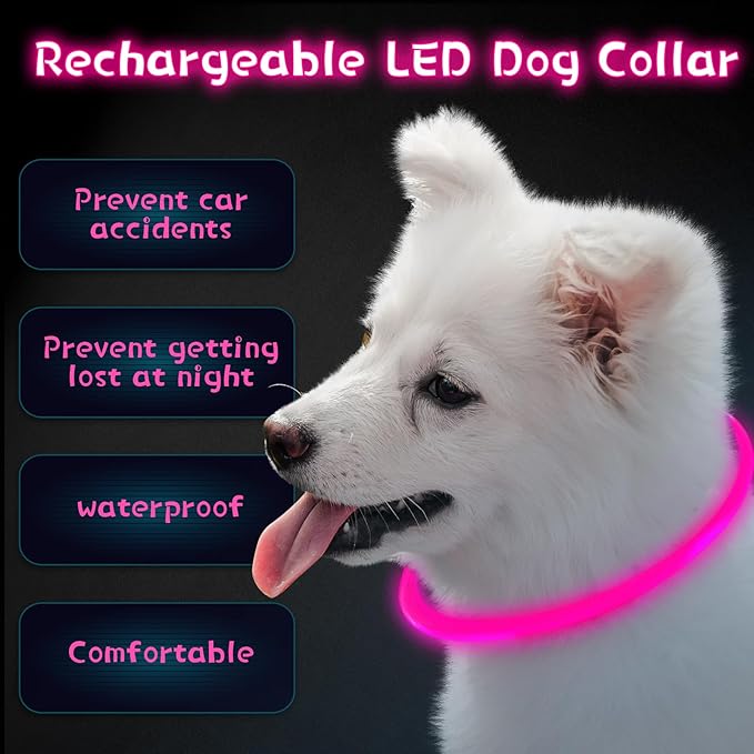 Weewooday 3 Pcs Dog Collar USB Rechargeable LED Light up Dog Collar Flash Waterproof Pet Necklace Pet Lights for Night Walking Adjustable Safety Necklace for Large Medium Small Puppy(Rose Red)