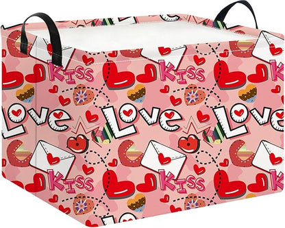 Rectangular Heart Print Storage Basket Empty,Collapsible Gift Basket with Handles,Books Box,Room Decor(Love Letter)