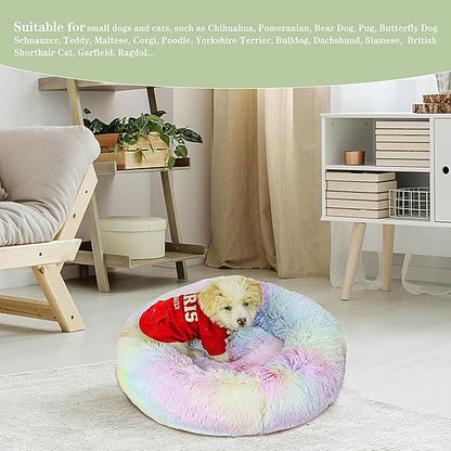 Calming Dog Bed for Small Dogs Cats, Kitty Puppy 23'' Round Anti-Anxiety Warm Fluffy Plush Faux Fur Bed, Soft Anti-Slip Donut Washable Small Pet Bed, Cozy Cat Puppy Bed, Fits up to 30 lbs Pets