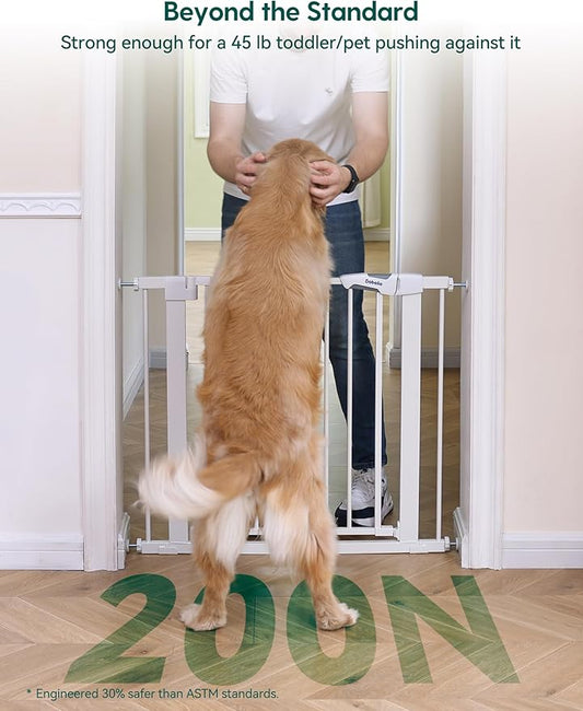 BABELIO 36" Tall Dog Gate PressGuard C5, 26-40" Wide Auto Close Baby Gate, Pressure Mounted Metal Pet Gate, Easy Install No Drilling, No Tools Needed, with Wall Protectors and Extension Kits, White