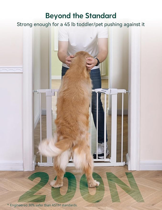 Babelio 29-55 Inch Extra Wide Baby/Dog Gate, PressGuard P7, Metal Auto Close, Pressure Mounted Pet Door for Doorways, NO Need Tools and Drilling, with Wall Cups, White
