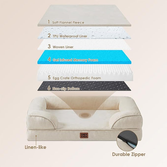 EHEYCIGA Orthopedic Dog Bed for Medium Dogs, Waterproof Memory Foam Medium Dog Beds with Sides, Non-Slip Bottom and Egg-Crate Foam Pet Couch Bed with Washable Removable Cover, Beige