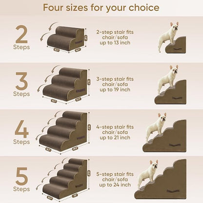 PAWSCART Pet Stairs for Dogs 5-Step, 22.8" H Pet Stairs for High Bed, Couch Sofa & Chair, 30D Material Soft Foam Dog Steps with Non-Slip Bottom Surface Removable Washable Cover, Brown