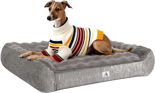 48“ Dog Bed with Shredded Foam Filling, Calming Pet Sofa with Removable Washable Cover, Soft Faux Fur Bolster Couch for Dogs, Anti-Slip Bottom