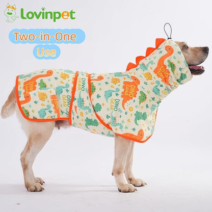 LovinPet 3‑in‑1 Dog Warm Winter Coat & Bathrobe, Hooded Dinosaur Fleece, Lightweight High‑Loft, Absorbent Knit,Quiet Hook‑and‑Loop, Wind‑Blocking Edges, Dog Robes for Medium & Large Dogs, Orange,2XL