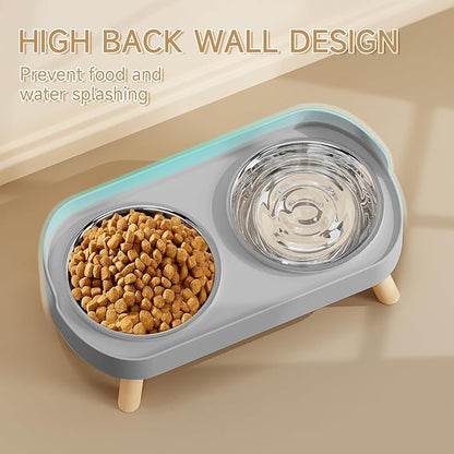 Elevated Cat Bowl, Raised Cat Food and Water Bowl Set for Indoor Cats, Splash Proof with 5 Stainless Steel Pet Food Bowls for Cats and Puppies, Whisker Fatigue and Dishwasher Safe - Grey