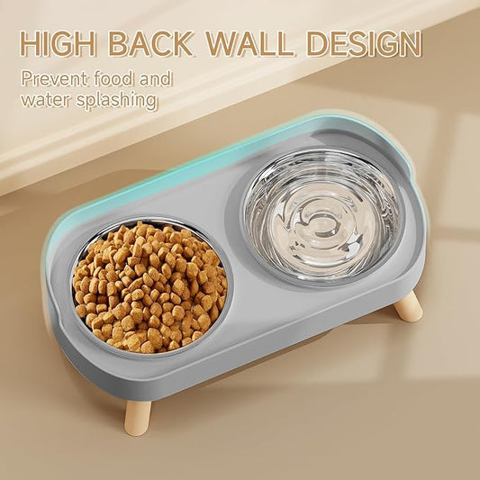 Elevated Cat Bowl, Raised Cat Food and Water Bowl Set for Indoor Cats, Splash Proof with 5 Stainless Steel Pet Food Bowls for Cats and Puppies, Whisker Fatigue and Dishwasher Safe - Grey
