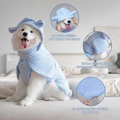 Dog Bathrobe Towel Wrap, Hooded Double Layer Super Absorbent Dog Drying Coat, Adjustable Warm Bath Robe for Cold Weather, Beach, Pool, Fast Drying Towels for Large Medium Dogs,Blue,L