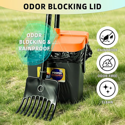 46" Pooper Scooper Swivel Bin & Rake for Large Small Dogs with Bag Attachment, Long Handle Poop Scooper with Lid for Yard (Orange)
