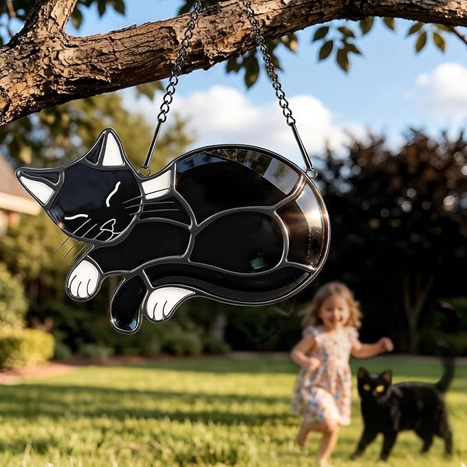 Black Cat Memorial Suncatcher,Handmade Stained Glass Window Haninging Ornament for Home Decor,Memorial Gifts for Pet Lovers,Pet Loss Sympathy Gift