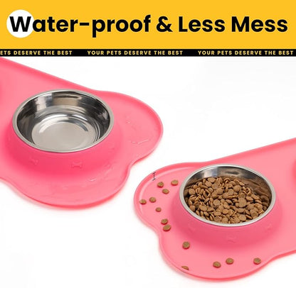 Dog Bowls with Non-Slip Silicone Mat, Spill Proof Large Food & Water Bowls Set, Easy Clean Dog Food Dish, Dishwasher Safe, Suitable for Dogs Cats Pet Under 90lbs, Large, Pink