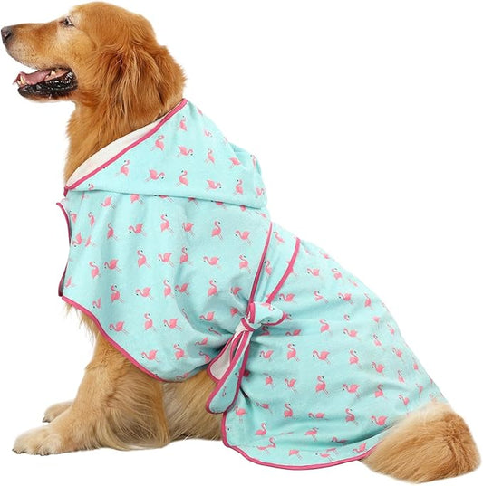 HDE Dog Bathrobe Super Absorbent Quick Drying Puppy Towel Wrap Coat Adjustable After Bath Robes with Hood for Dog Sizes S-XXL Flamingos XXL