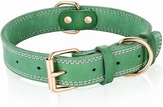 Genuine Leather Dog Collar, Heavy Duty Wide Dog Collar for Small, Medium, Large and Extra Large Dog (S: 0.8" Wide for 13.4"-15.8" Neck, Dual Stitch - Green)