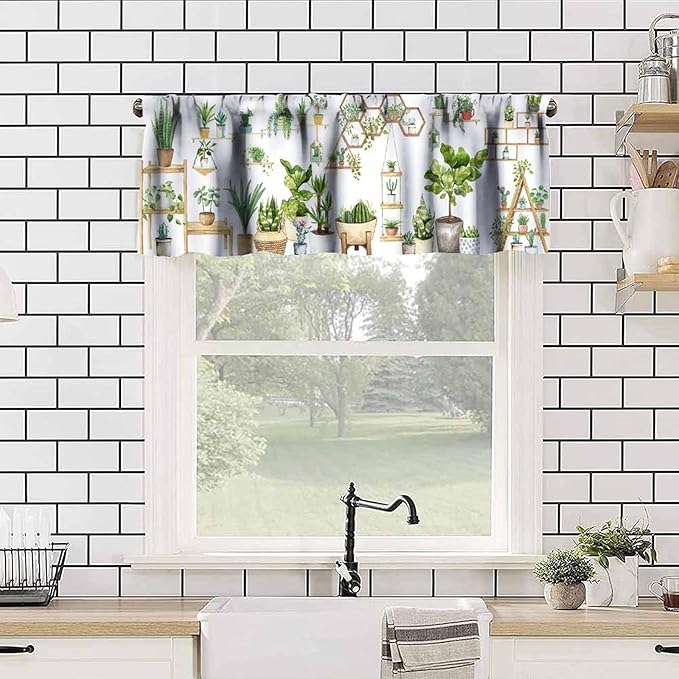 Bohemian Flower Window Valance Curtains, Colorful Succulent Plants Watercolor Boho Floral Green House Plant Potted Flower Valance Curtain for Farmhouse Bedroom Living Room Kitchen 54x18inch