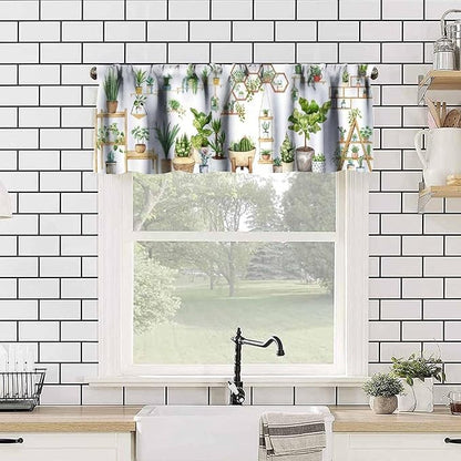 Bohemian Flower Window Valance Curtains, Colorful Succulent Plants Watercolor Boho Floral Green House Plant Potted Flower Valance Curtain for Farmhouse Bedroom Living Room Kitchen 54x18inch