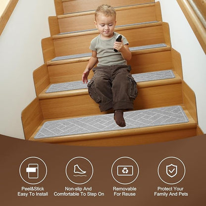 15 Pack 8 "X 30" Non-Slip Carpet Stair Treads for Indoor Wooden Steps, Made of Polyester and Reusable Adhesive, Suitable for Kids Elders and Pets（Light Grey Lines）