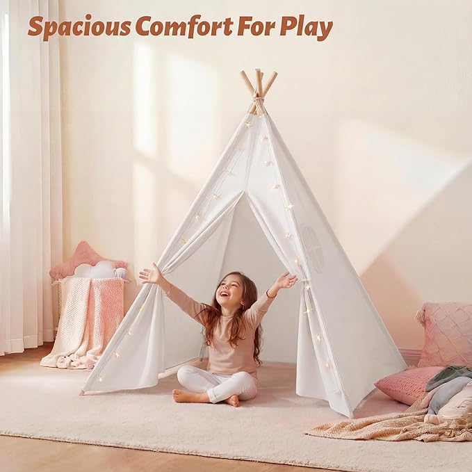 Wilwolfer 4 Pack Teepee Tent for Kids Slumber Party with Lights, Indoor Sleepover Play Tents for Girls, Foldable Toddler Playhouse for Sleepover Parties, White