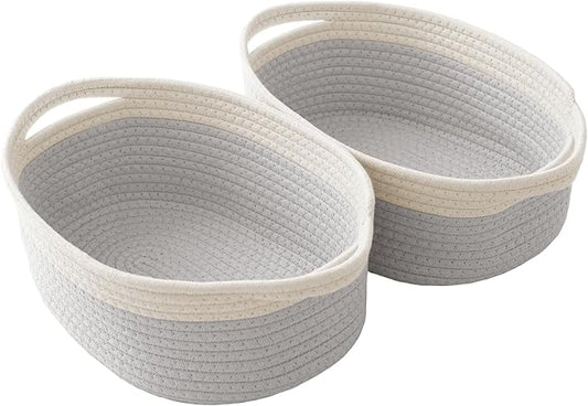 Woven Basket,Small Rope Storage Bin with Handles & Ribbon Bag, Organizer for Shelves Closets,Gift Basket Empty for Birthday,Books,Dog Toys, White&Grey/2 Pack