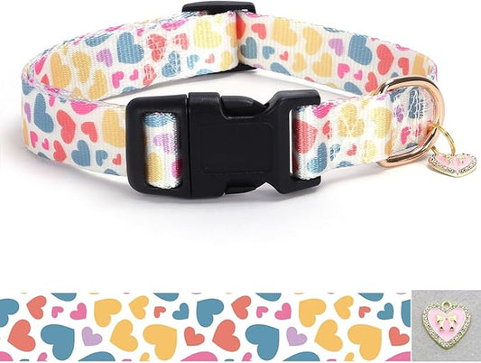 Love Pattern Dog Collar with Buckle Adjustable Safety Nylon Collars for Small Medium Large Dogs, Cute Stylish Girl Boy Christmas Dog Collar(White Heart,L)