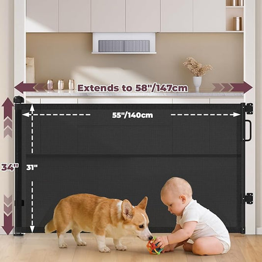 2Pack Retractable Baby Gates for Stairs, 58" Extra Wide Mesh Dog Gate for Doorways, Home Saftey Gate for Child Toddler Pet, Indoor and Outdoor Use, Easy Install, 34" Height, Black