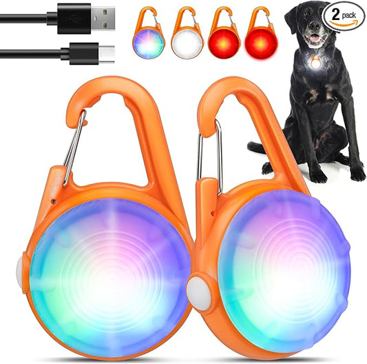 2Pack Dog Lights for Night Walking Dog Collar Light Clip on Rechargeable Glow in The Dark Light with 4Modes & RGB Color for Camping