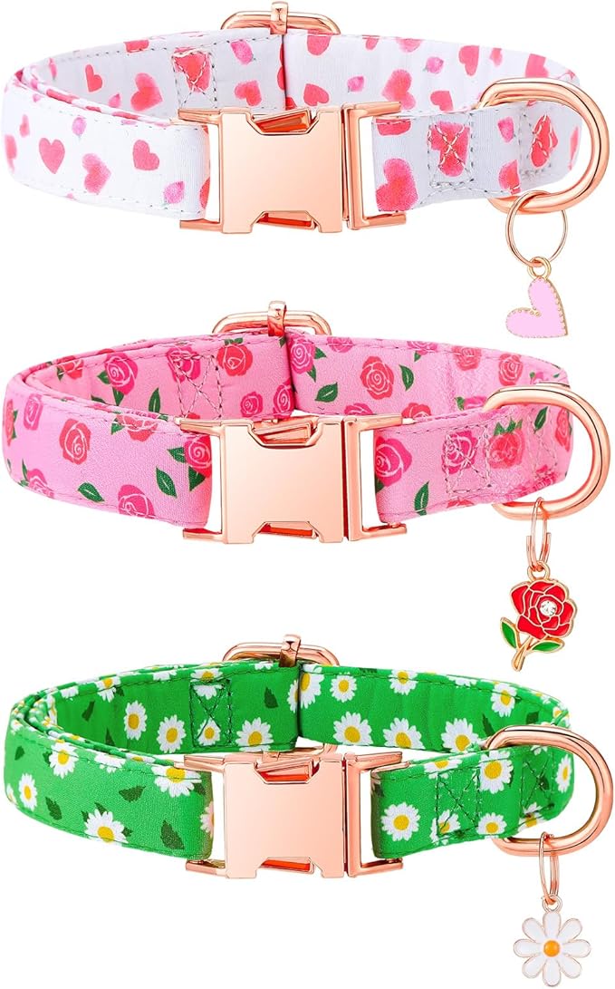 3 Pack Floral Dog Collars for Medium Dogs Pink Dog Collar with Flower Pendant for Girl Female Dogs Adjustable Pet Collars (12-18.9 inch)