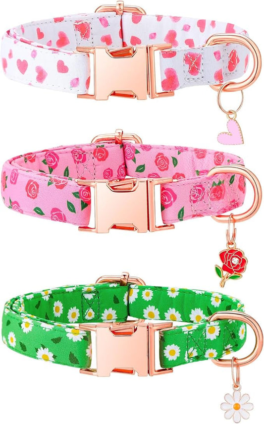 3 Pack Floral Dog Collars for Medium Dogs Pink Dog Collar with Flower Pendant for Girl Female Dogs Adjustable Pet Collars (12-18.9 inch)