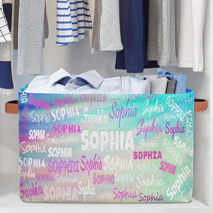 Personalized Kids Toy Box with Name, Custom Nursery Baskets Cubes Box, Kids Custom Storage Basket Laundry Baskets Organizer with Handles, Gradient Green Color Galaxy