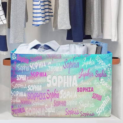 Personalized Kids Toy Box with Name, Custom Nursery Baskets Cubes Box, Kids Custom Storage Basket Laundry Baskets Organizer with Handles, Gradient Green Color Galaxy