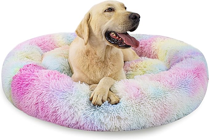 Calming Dog Bed for Big Dogs, 39'' Round Anti-Anxiety Warm Fluffy Plush Faux Fur Bed, Soft Anti-Slip Donut Washable Big Pet Bed, Cozy Big Dogs Bed, Fits up to 100 lbs Pets
