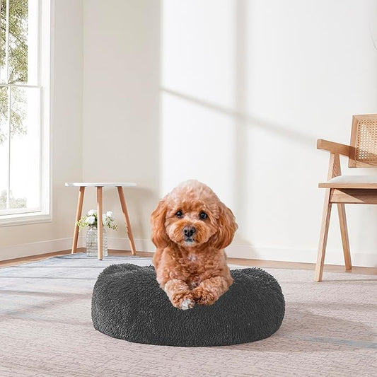 Dog & Cat Bed: Round Faux Fur Pet Bed - Plush, Cozy, & Calming Donut Bed for Medium Pets - Soft & Comfortable Sleeping Cushion for Napping & Lounging, 23" Round, Dark Gray