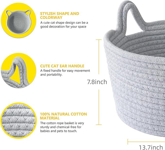 Large Cat Ears Toy Organizer, Woven Cotton Rope Basket, Decorative Nursery Bins & Boxes Gift Basket Empty for Baby Pet Toy Storage