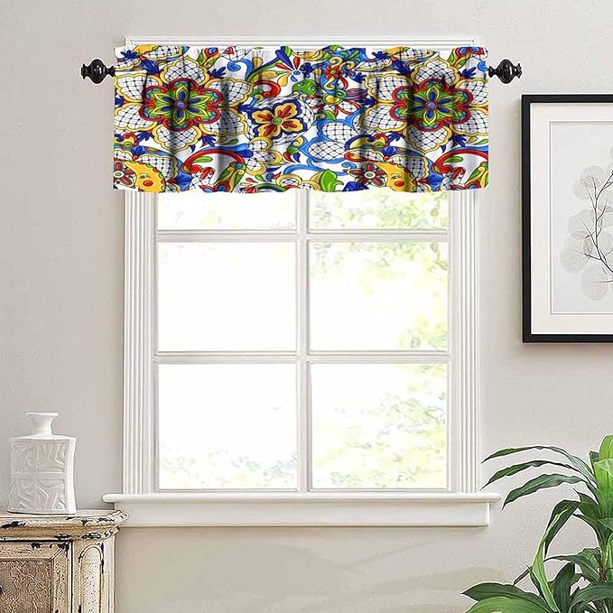 Mexico Valance Curtains Rustic Ethnic Folk Mexican Traditional Talavera Tile Pattern Window Treatment Valances Short Curtains Rod Pocket Drape for Dining Room Home Kitchen Decor, 54x18inch