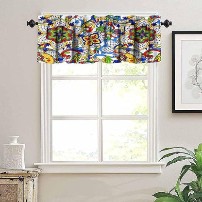 Mexico Valance Curtains Rustic Ethnic Folk Mexican Traditional Talavera Tile Pattern Window Treatment Valances Short Curtains Rod Pocket Drape for Dining Room Home Kitchen Decor, 54x18inch