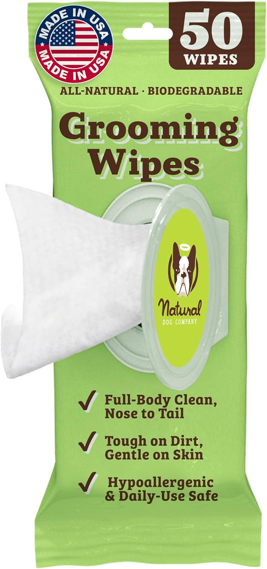 Natural Dog Company XL Grooming Wipes for Dogs – Hypoallergenic, Biodegradable, Fragrance Free – Aloe Vera & Witch Hazel – 7×8 Wipes for Paws, Face, Ears & Butt – Sensitive Skin Pet Wipes - 50 Count