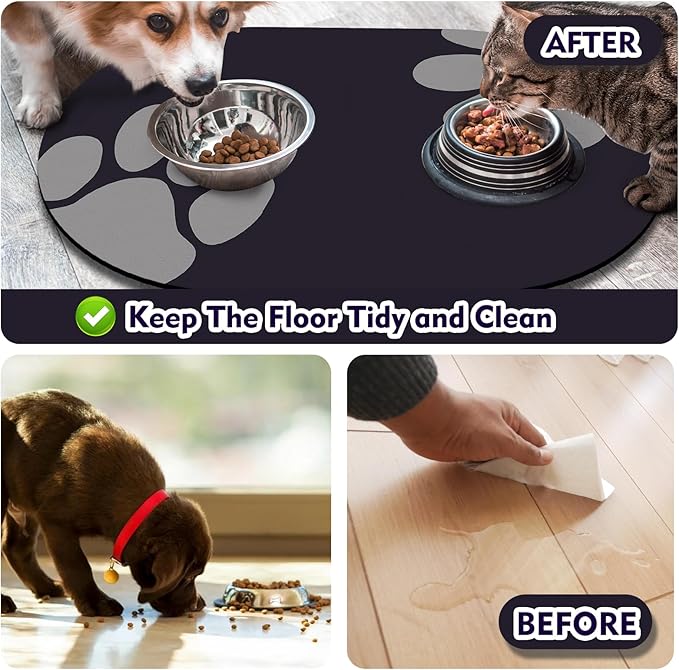 Pet Feeding Mat – 20''x12'' Absorbent Dog Food Mat, Pet Water Mats Protect Floor, No Stains Quick Dry Bowl Mats, Non-Slip Rubber Base Pets Placemats for Food and Water, Black Paw