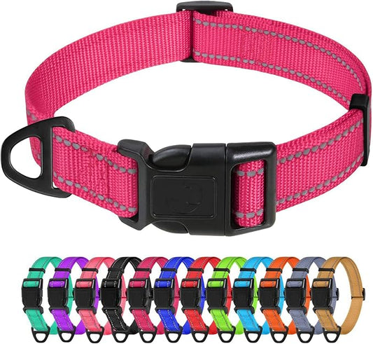 TagME Dog Collar, Adjustable Reflective Nylon Pet Collar with Quick Release Buckle for Medium Dogs, Hot Pink, 1.0" Width